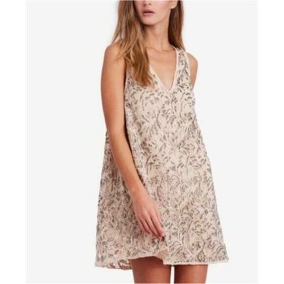 Free People Shine On Mini Dress Brown Nude Small Bead Lace Sleeveless Cocktail - Picture 12 of 13